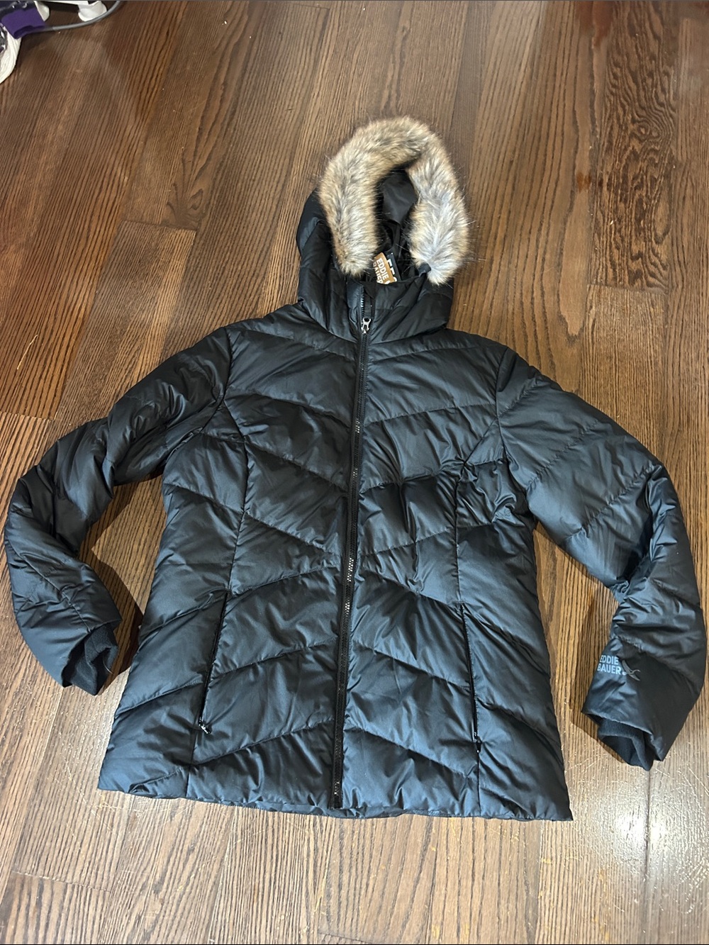 NWT Eddie Bauer Black Quilted Puffer Jacket with Faux Fur Trim Hood Sz L